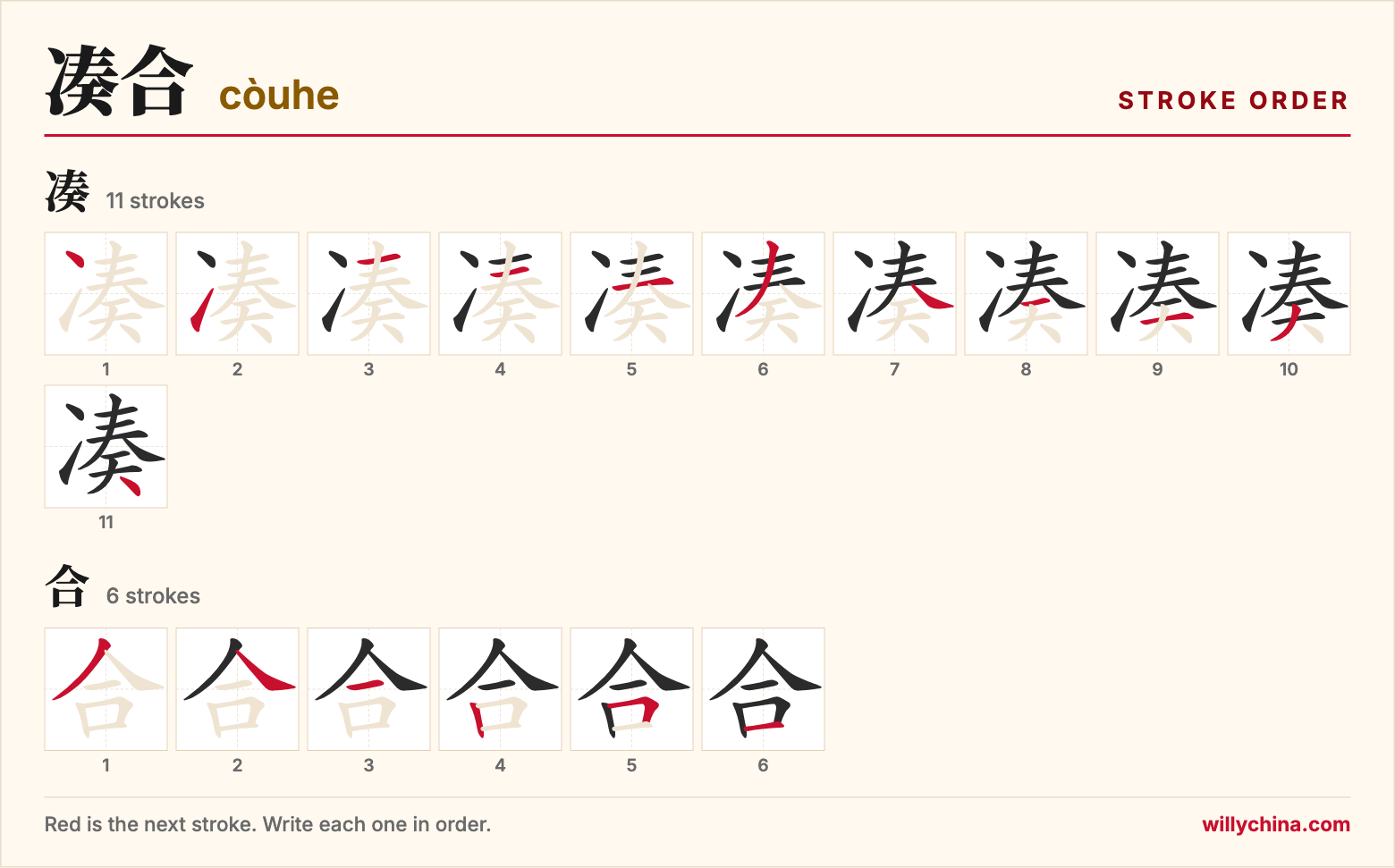 凑合 (còuhe) stroke order chart: each stroke of the characters in the order you write them
