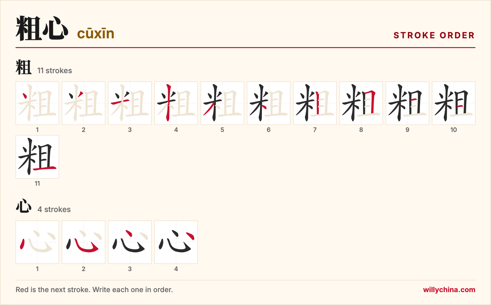 粗心 (cūxīn) stroke order chart: each stroke of the characters in the order you write them