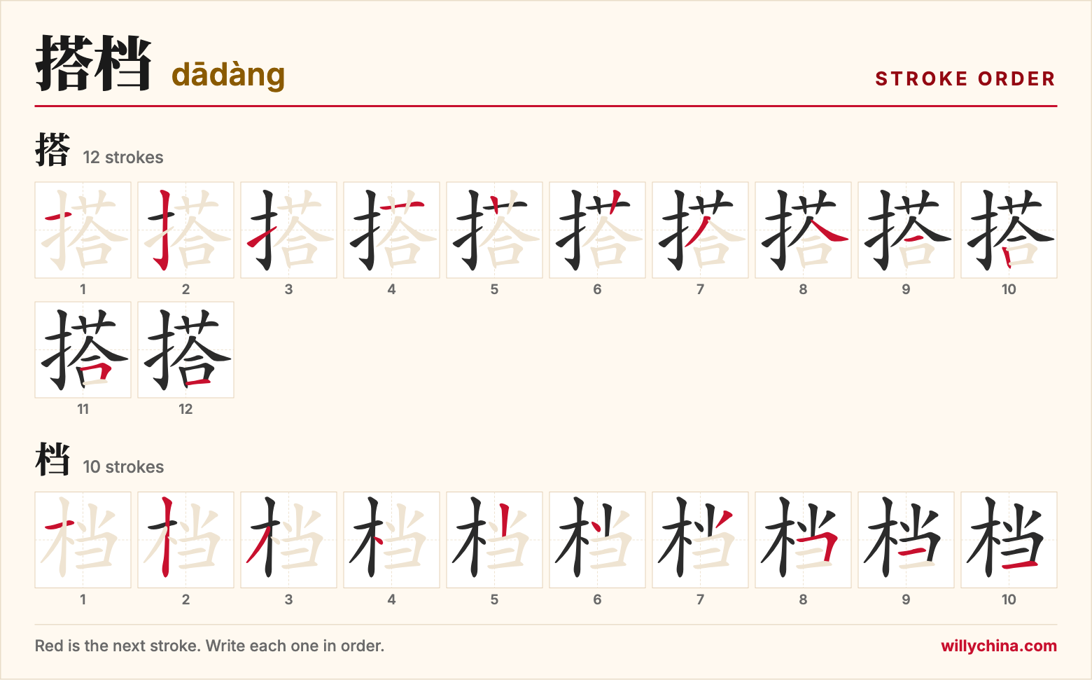 搭档 (dādàng) stroke order chart: each stroke of the characters in the order you write them