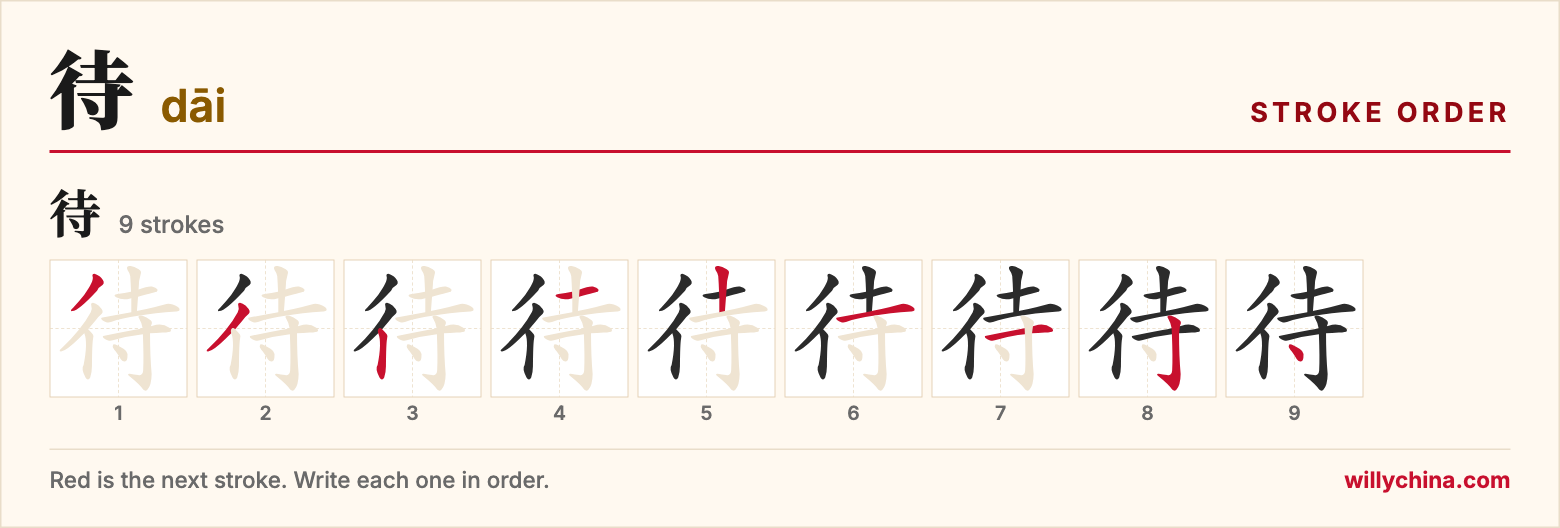 待 (dāi) stroke order chart: each stroke of the character in the order you write it