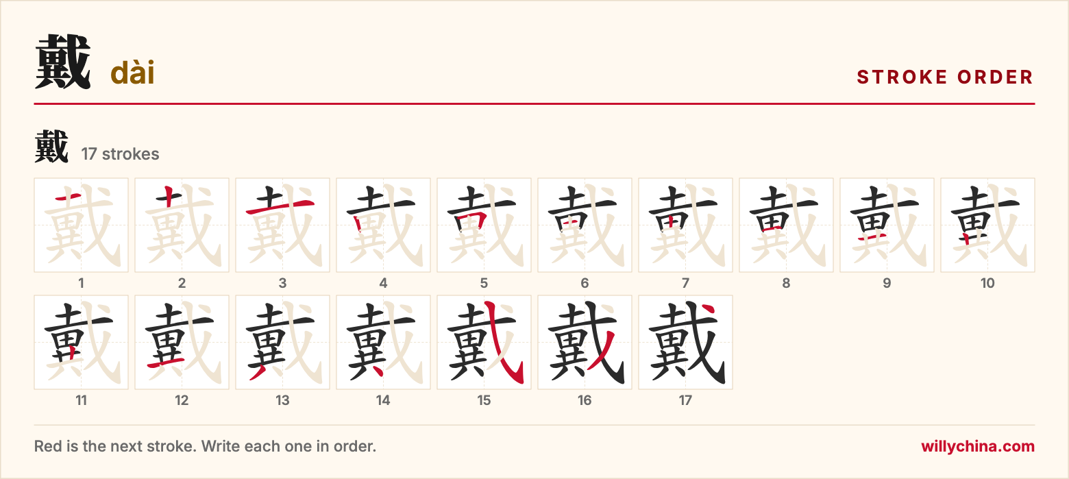 戴 (dài) stroke order chart: each stroke of the character in the order you write it