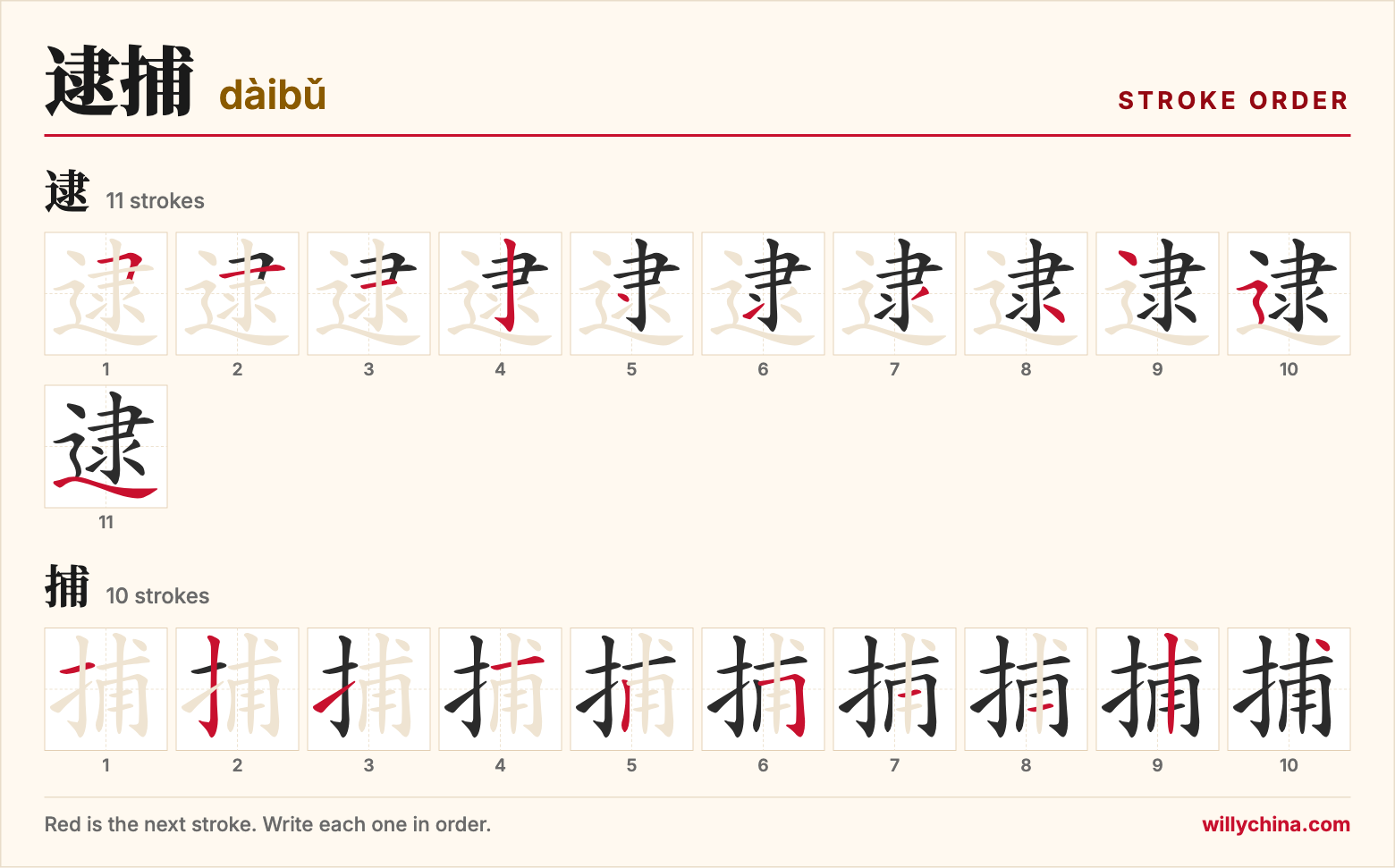 逮捕 (dàibǔ) stroke order chart: each stroke of the characters in the order you write them