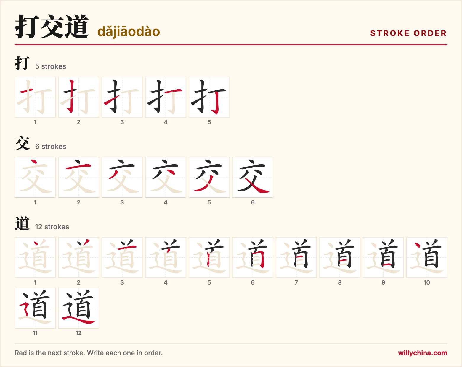打交道 (dǎjiāodào) stroke order chart: each stroke of the characters in the order you write them