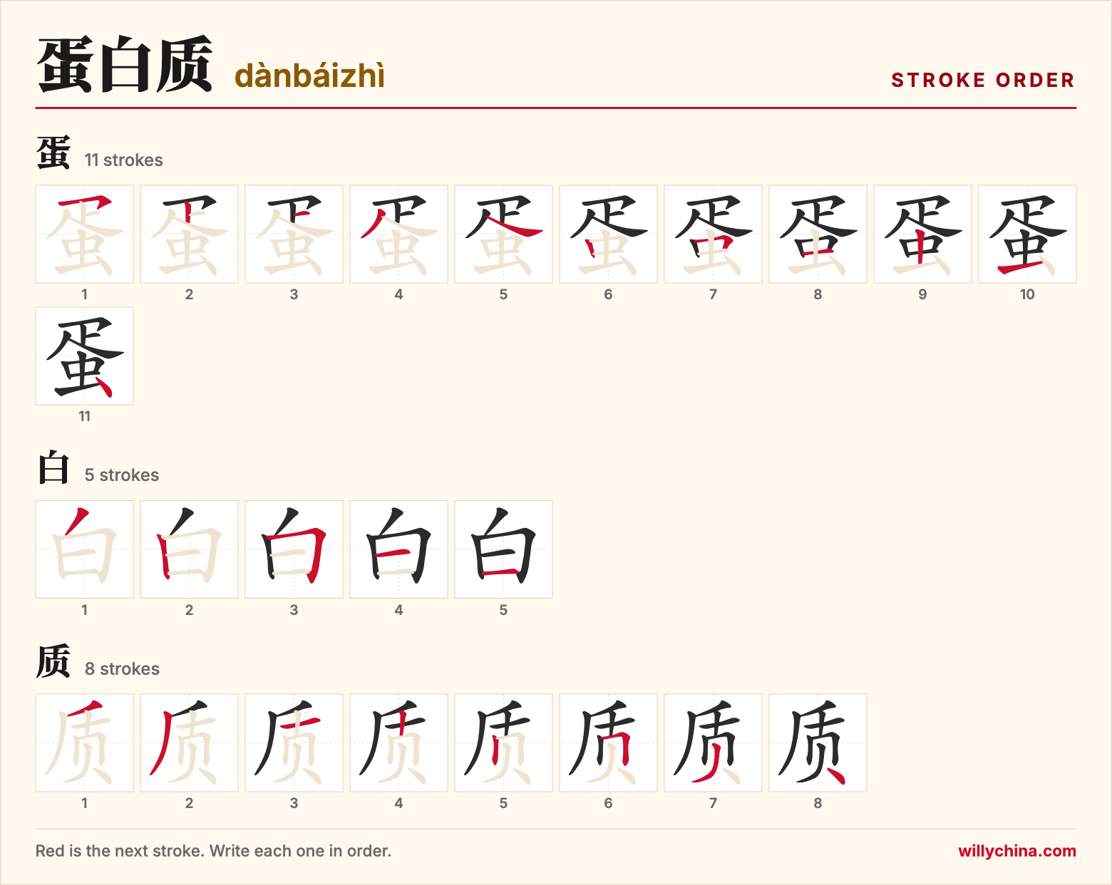 蛋白质 (dànbáizhì) stroke order chart: each stroke of the characters in the order you write them