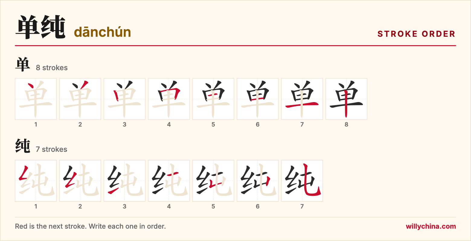单纯 (dānchún) stroke order chart: each stroke of the characters in the order you write them