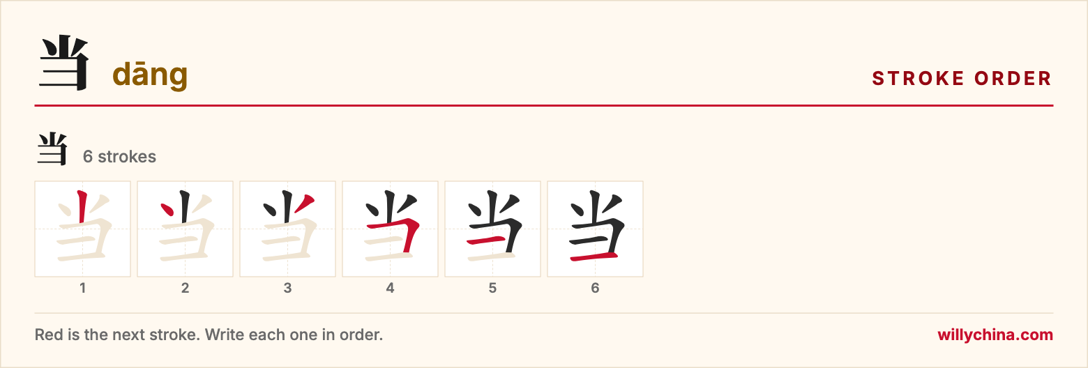 当 (dāng) stroke order chart: each stroke of the character in the order you write it