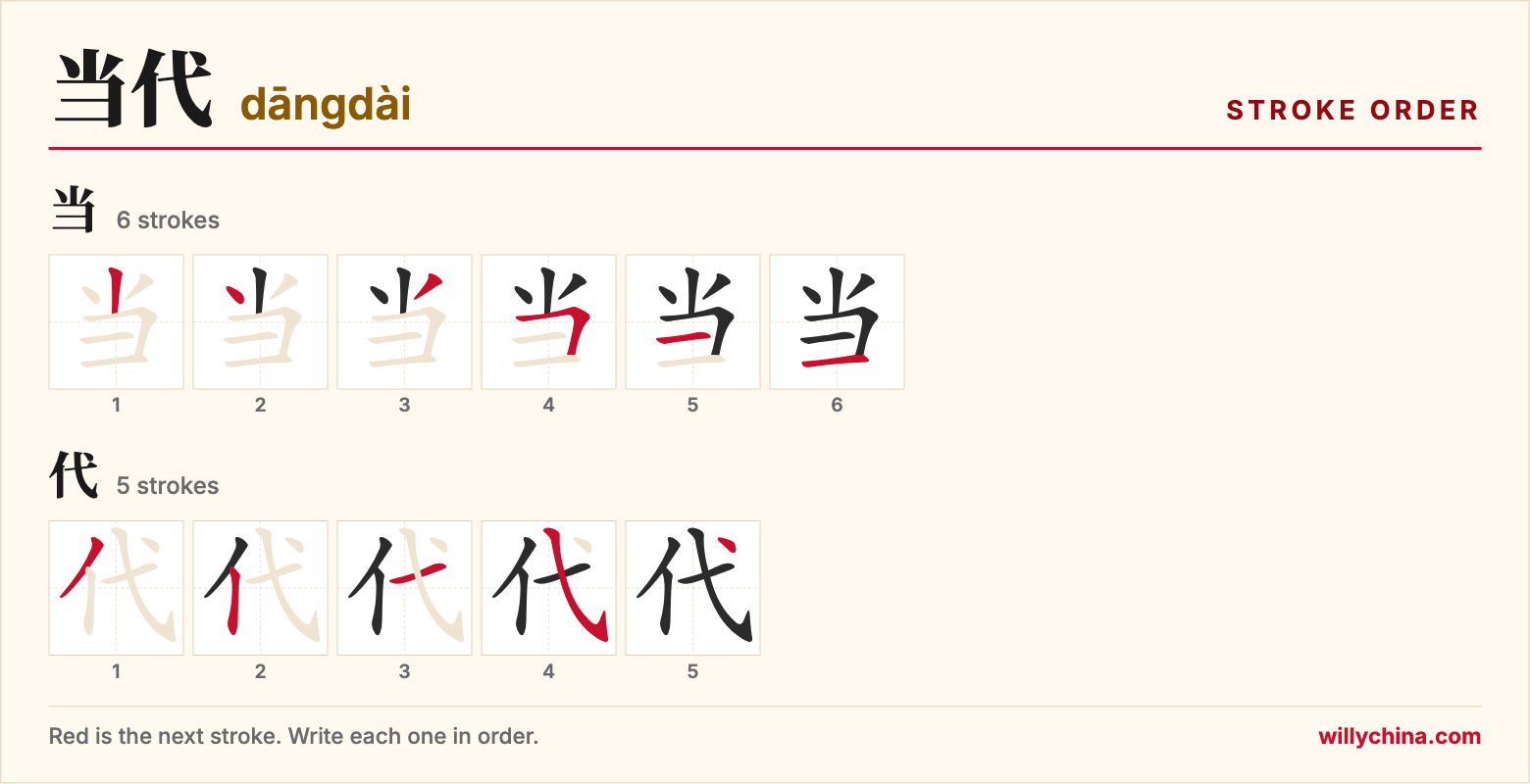 当代 (dāngdài) stroke order chart: each stroke of the characters in the order you write them