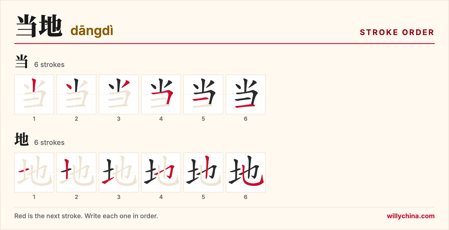 当地 (dāngdì) stroke order chart: each stroke of the characters in the order you write them