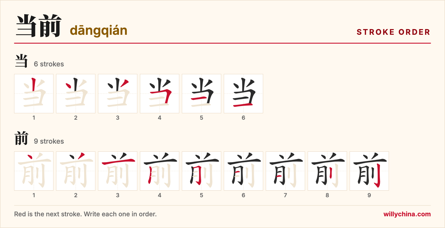 当前 (dāngqián) stroke order chart: each stroke of the characters in the order you write them