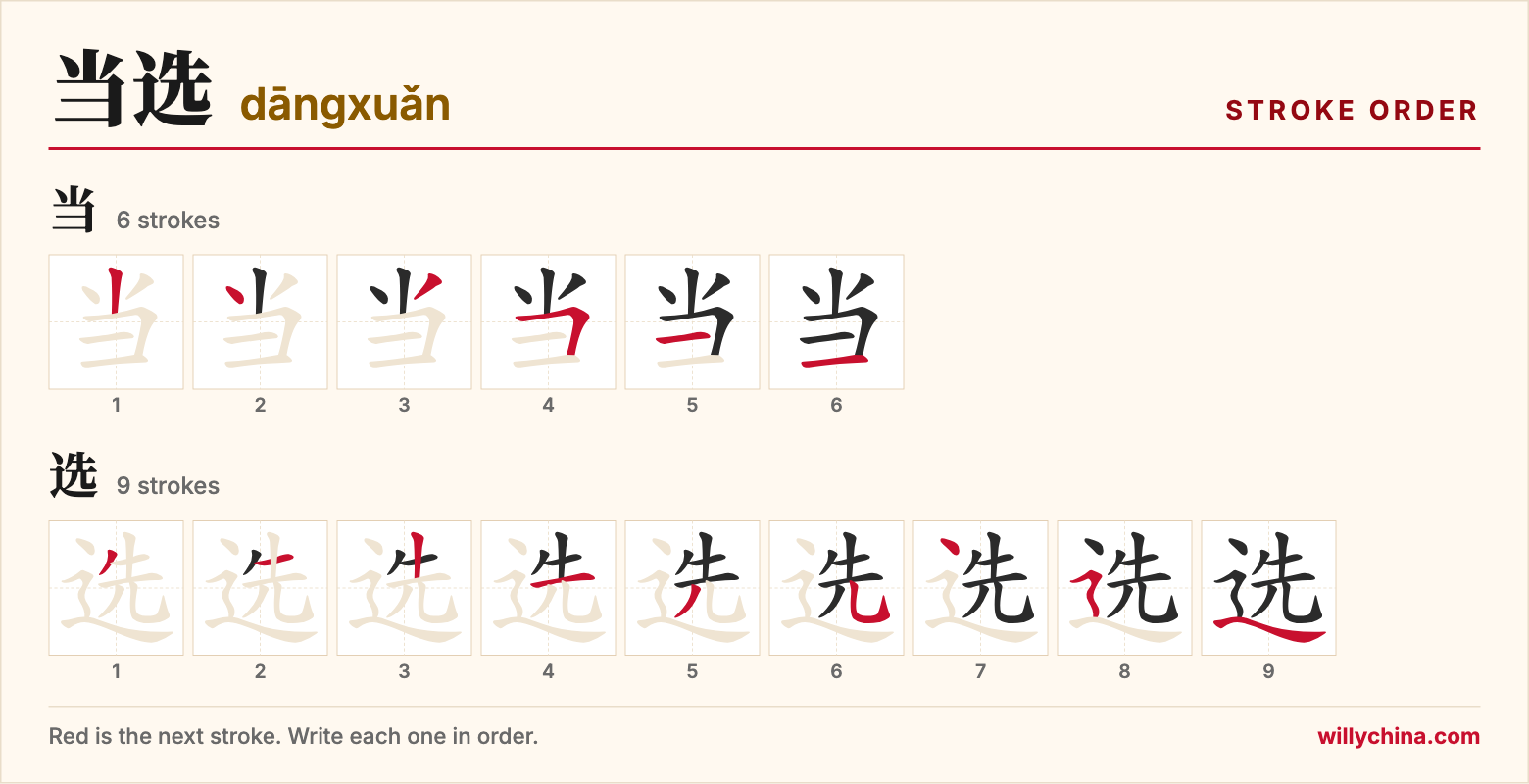当选 (dāngxuǎn) stroke order chart: each stroke of the characters in the order you write them