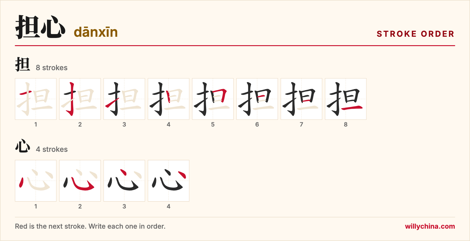 担心 (dānxīn) stroke order chart: each stroke of the characters in the order you write them