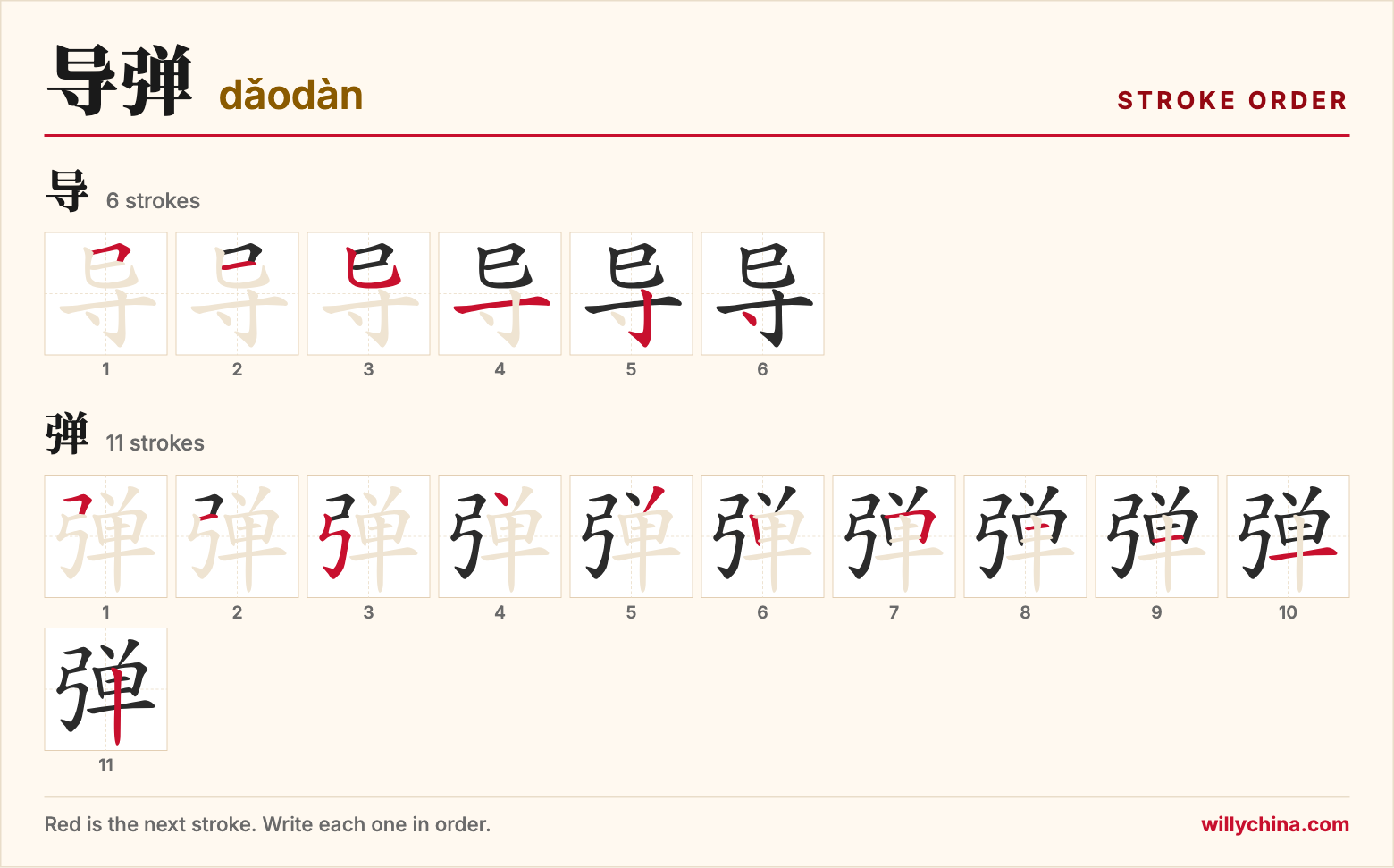 导弹 (dǎodàn) stroke order chart: each stroke of the characters in the order you write them