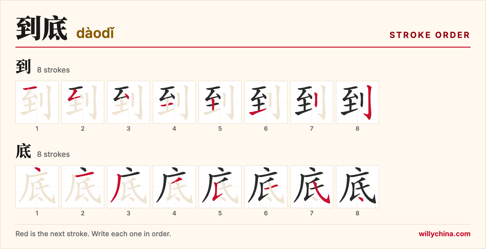 到底 (dàodǐ) stroke order chart: each stroke of the characters in the order you write them