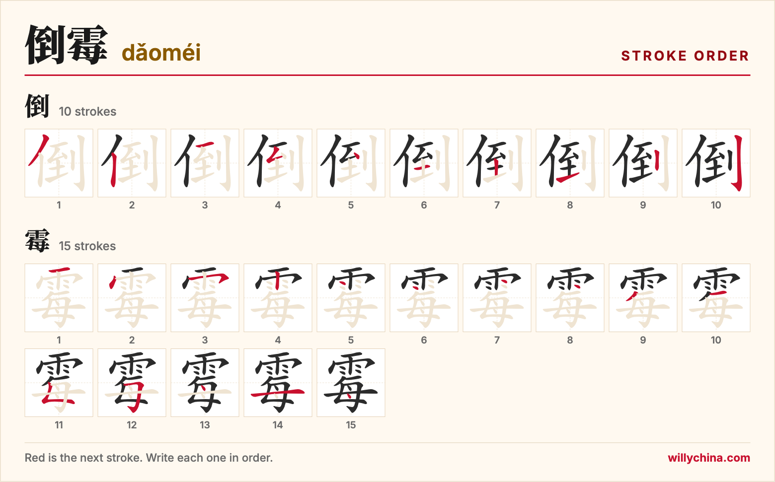 倒霉 (dǎoméi) stroke order chart: each stroke of the characters in the order you write them