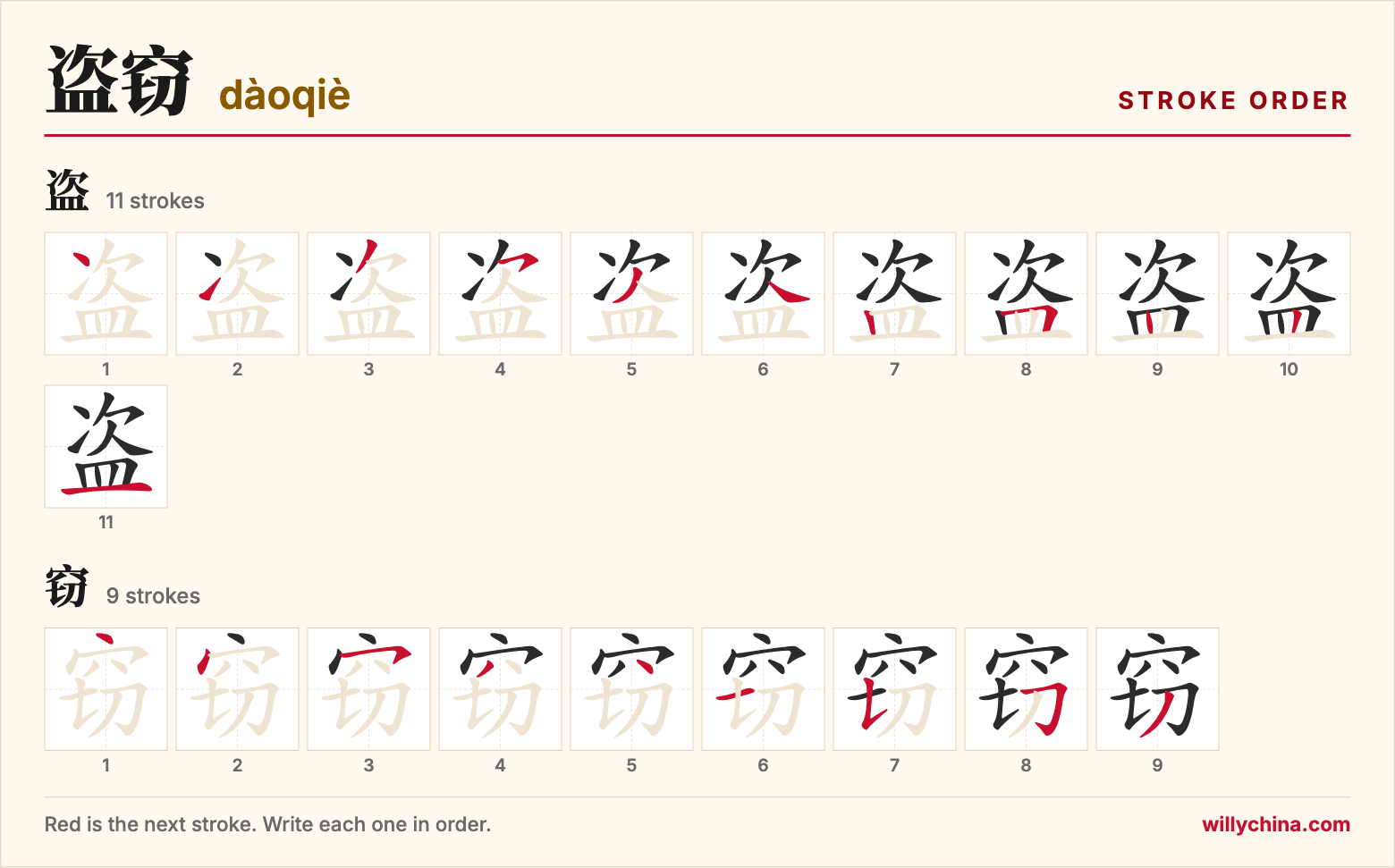 盗窃 (dàoqiè) stroke order chart: each stroke of the characters in the order you write them