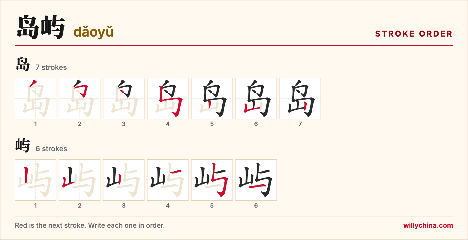 岛屿 (dǎoyǔ) stroke order chart: each stroke of the characters in the order you write them