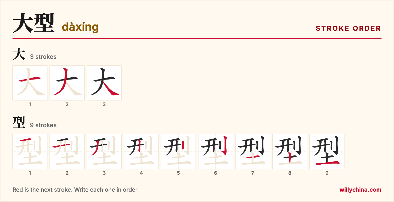 大型 (dàxíng) stroke order chart: each stroke of the characters in the order you write them