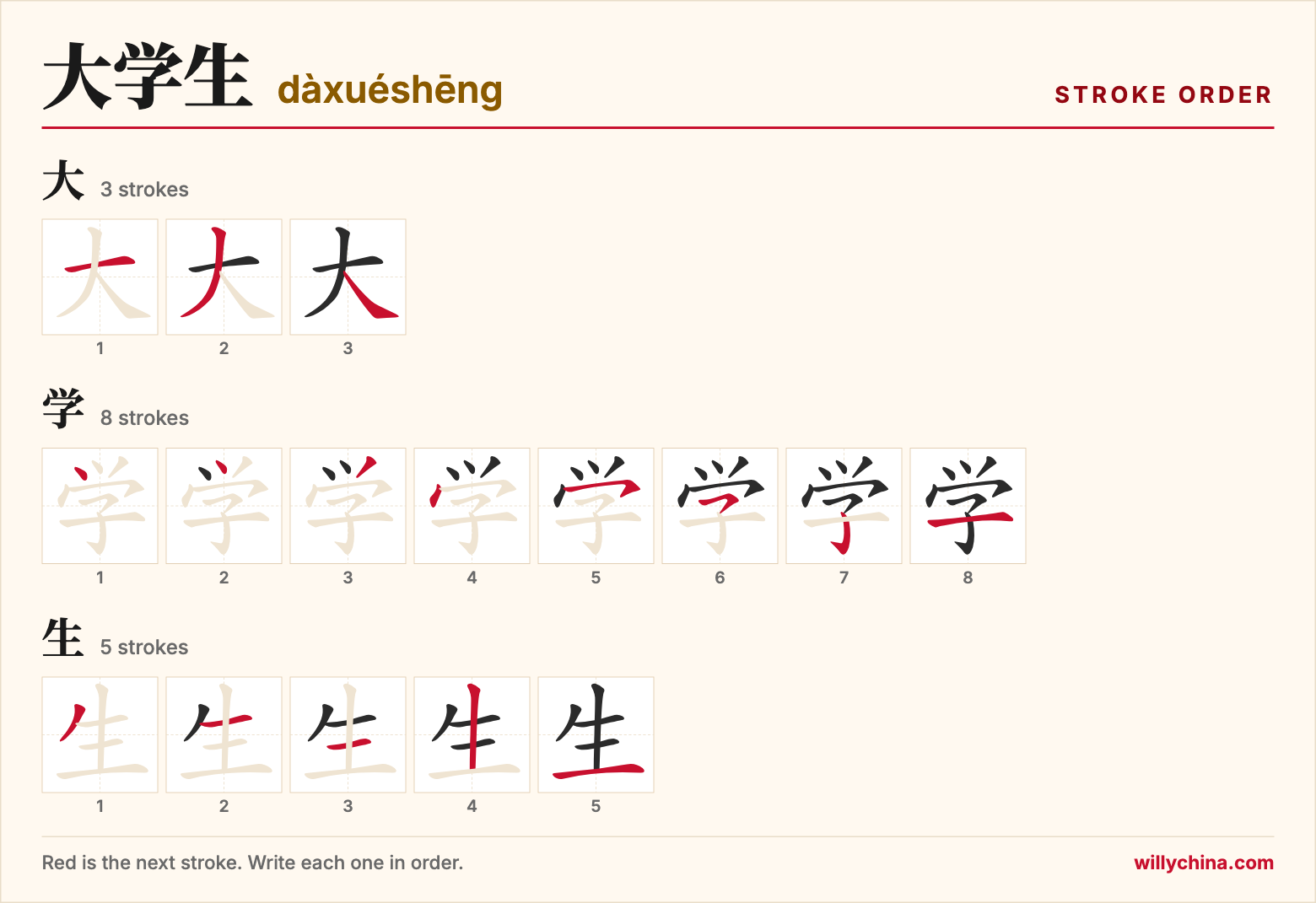 大学生 (dàxuéshēng) stroke order chart: each stroke of the characters in the order you write them