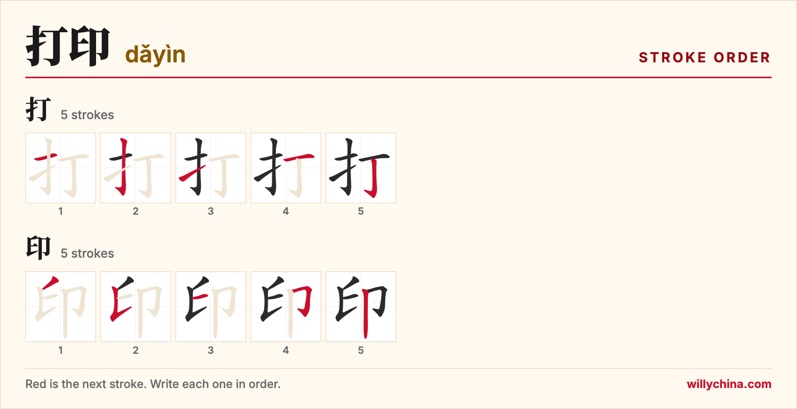 打印 (dǎyìn) stroke order chart: each stroke of the characters in the order you write them