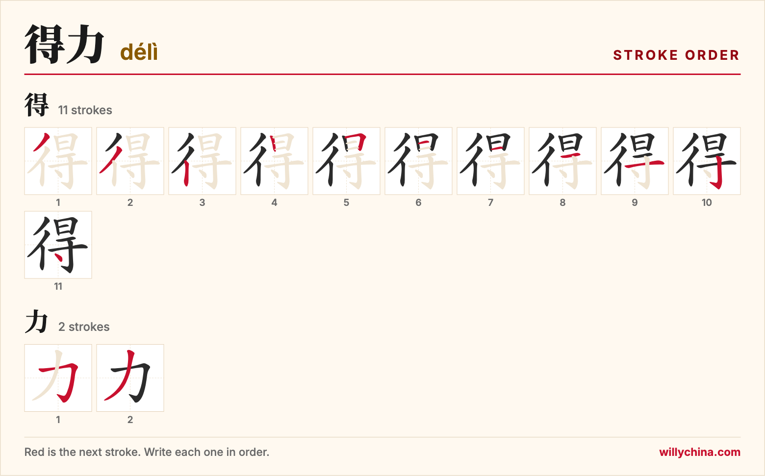 得力 (délì) stroke order chart: each stroke of the characters in the order you write them