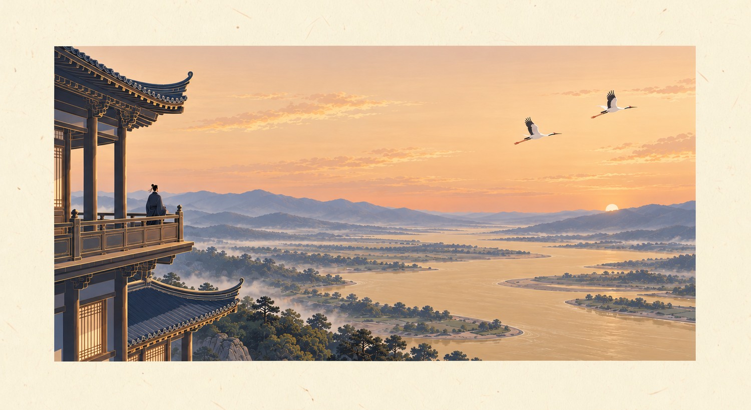 登鹳雀楼 (On the Stork Tower), the Tang poem by Wang Zhihuan: a scholar on the upper gallery of a tall tower, one storey still above him, watching the sun sink behind the hills as the Yellow River winds away into the haze