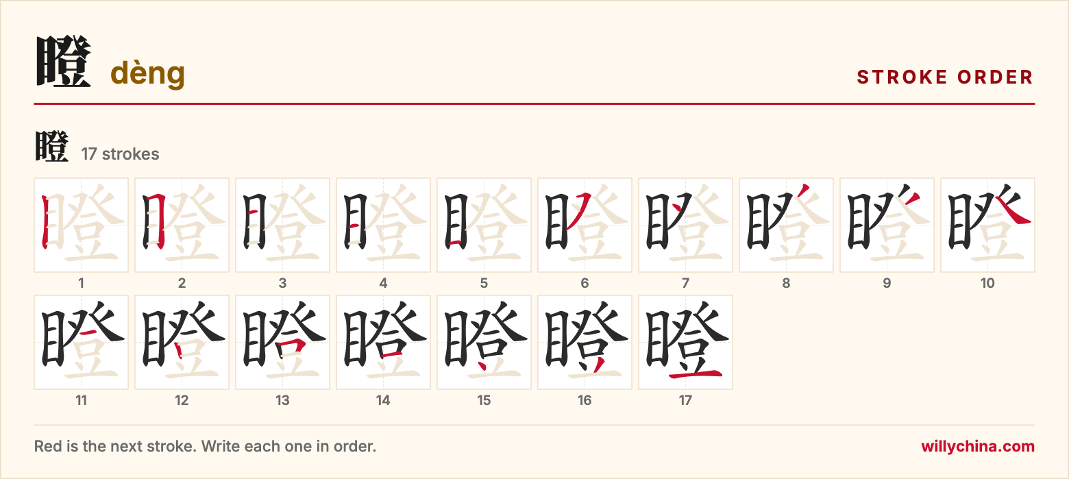 瞪 (dèng) stroke order chart: each stroke of the character in the order you write it