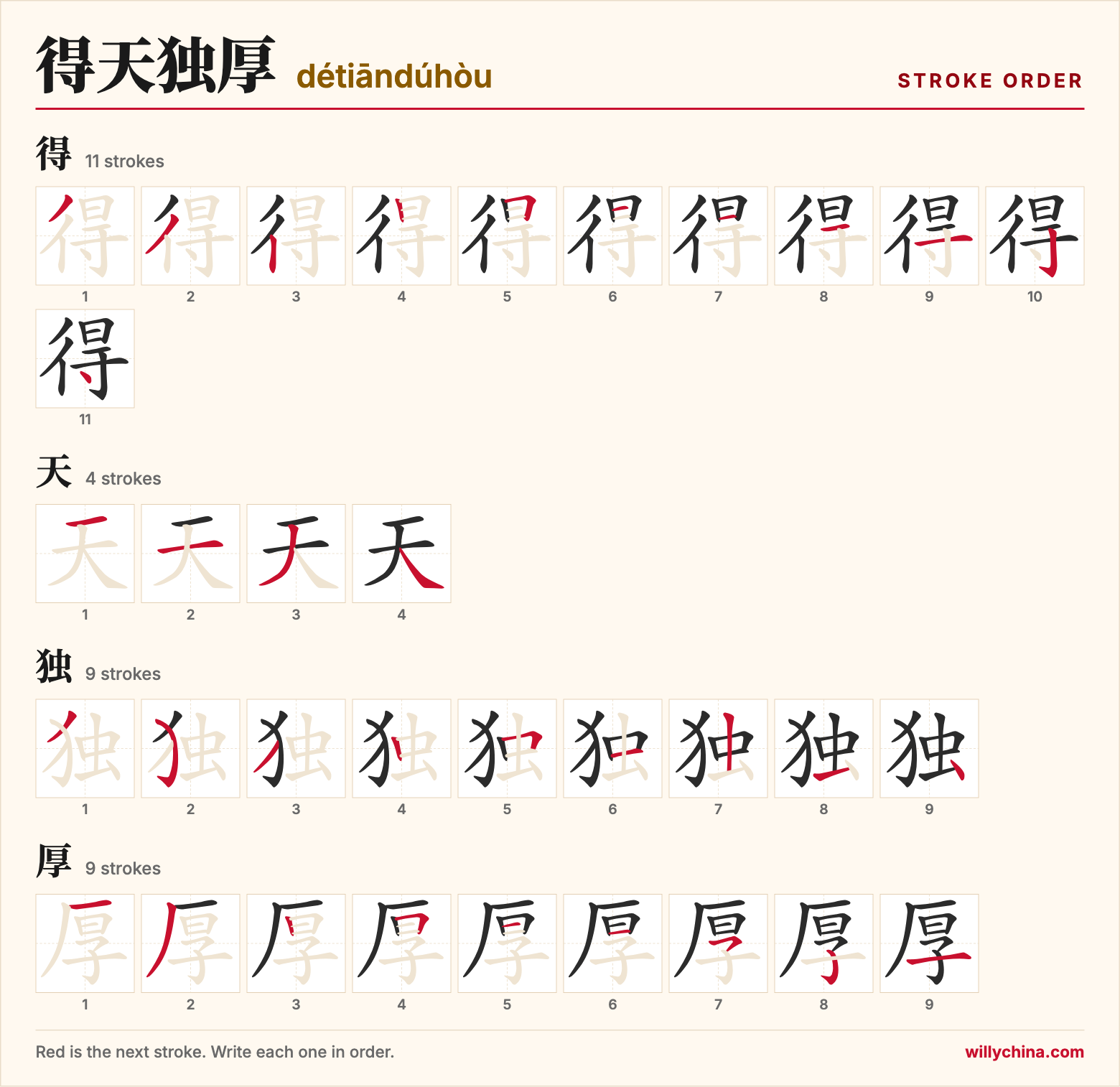得天独厚 (détiāndúhòu) stroke order chart: each stroke of the characters in the order you write them