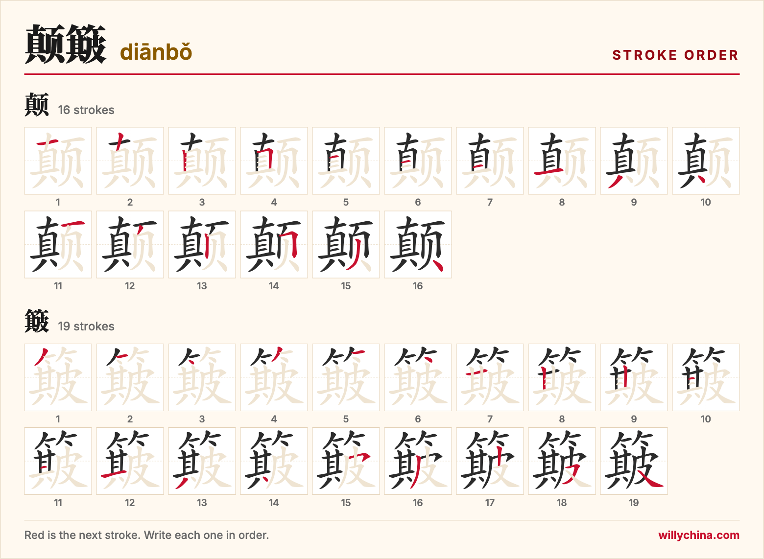 颠簸 (diānbǒ) stroke order chart: each stroke of the characters in the order you write them