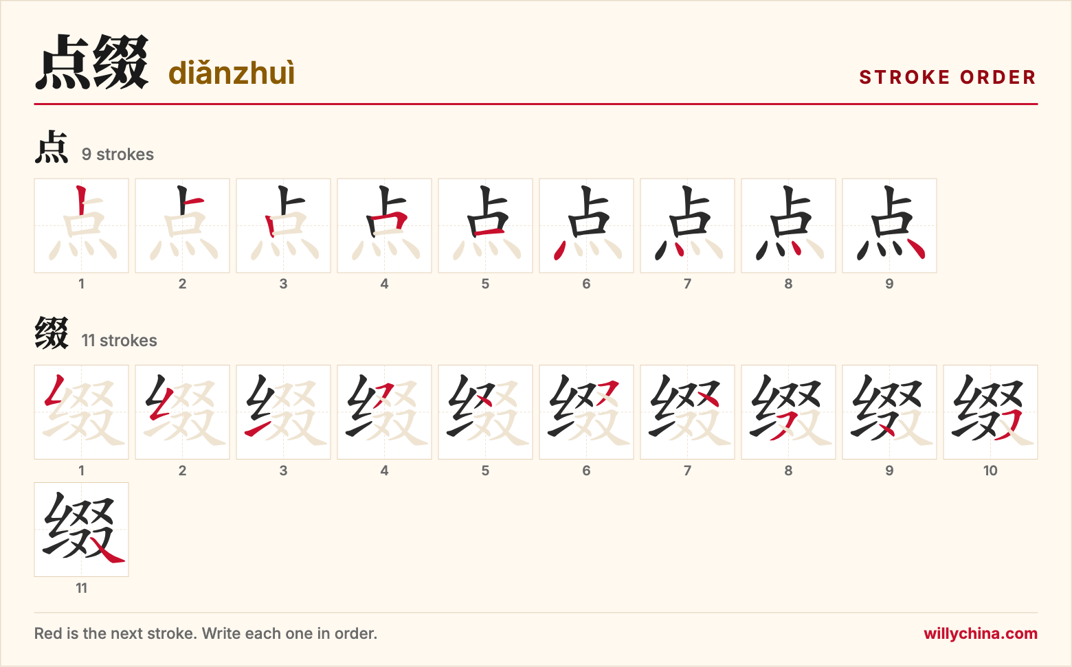 点缀 (diǎnzhuì) stroke order chart: each stroke of the characters in the order you write them