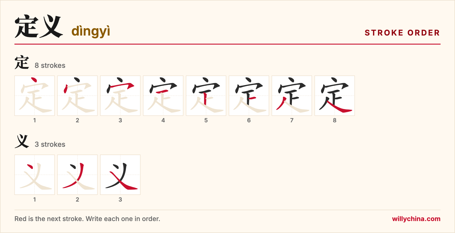 定义 (dìngyì) stroke order chart: each stroke of the characters in the order you write them