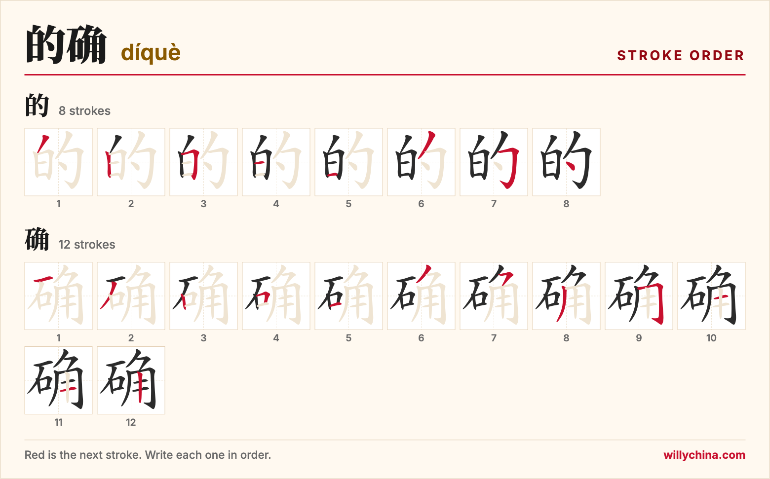 的确 (díquè) stroke order chart: each stroke of the characters in the order you write them