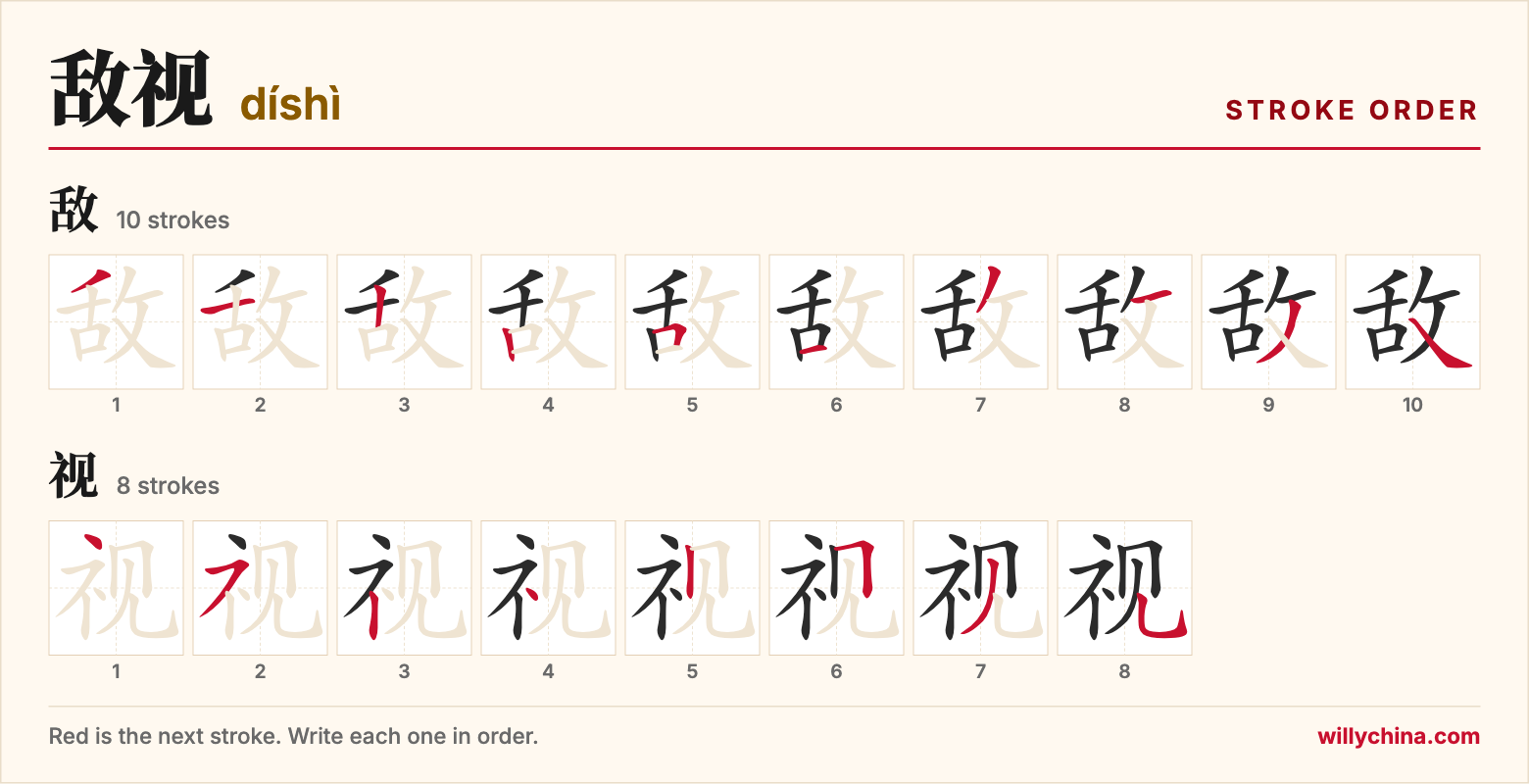 敌视 (díshì) stroke order chart: each stroke of the characters in the order you write them