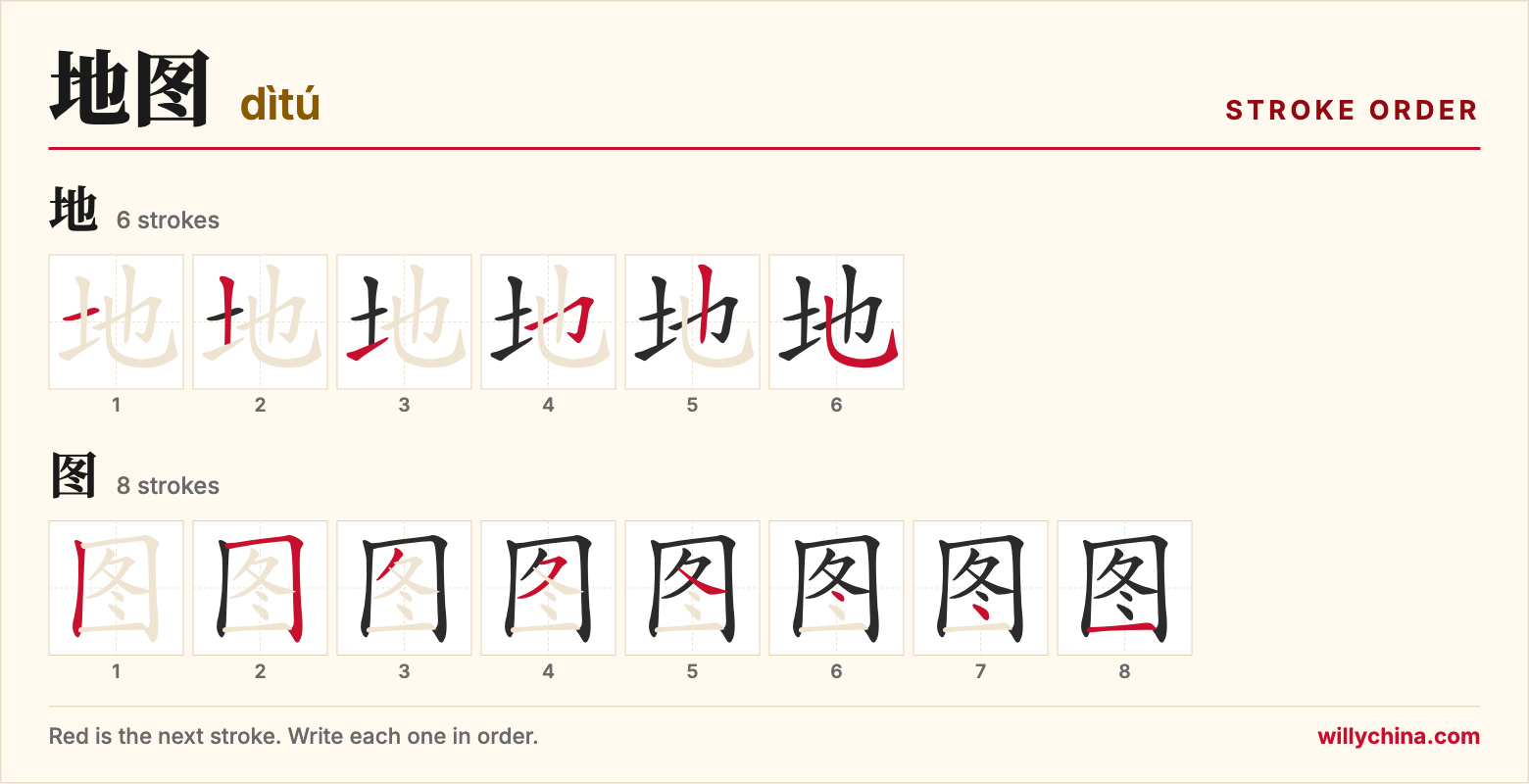 地图 (dìtú) stroke order chart: each stroke of the characters in the order you write them