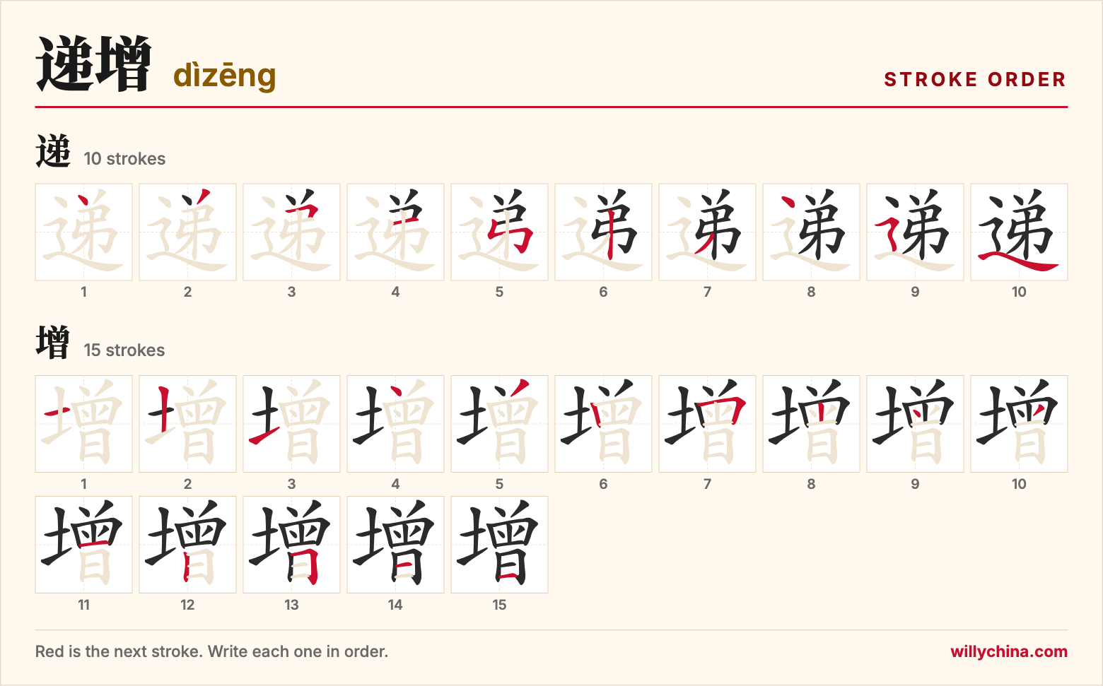 递增 (dìzēng) stroke order chart: each stroke of the characters in the order you write them