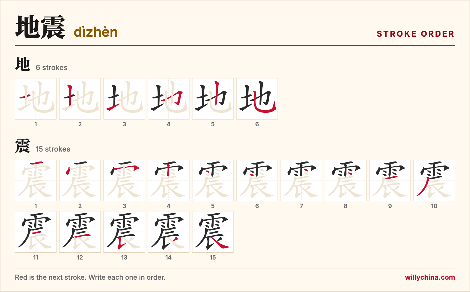 地震 (dìzhèn) stroke order chart: each stroke of the characters in the order you write them