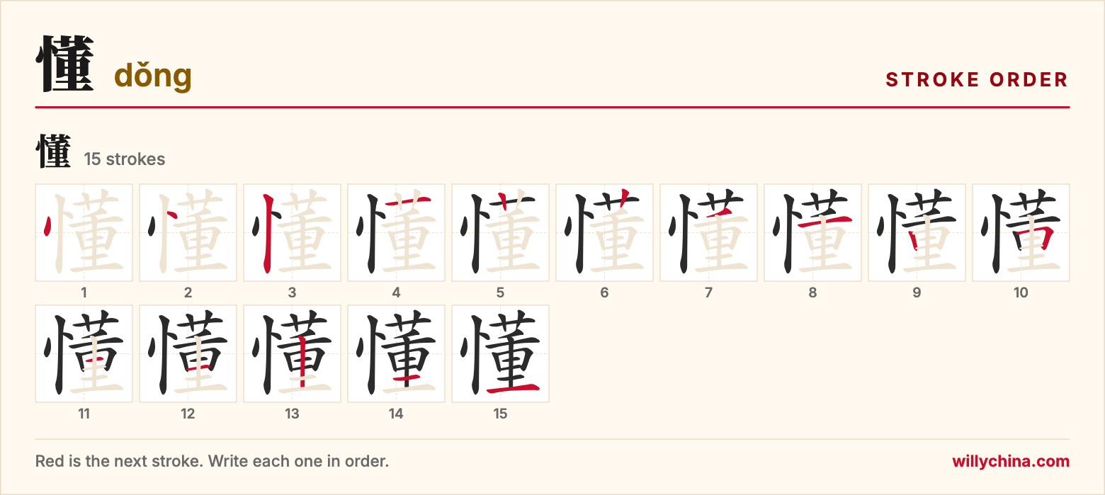 懂 (dǒng) stroke order chart: each stroke of the character in the order you write it