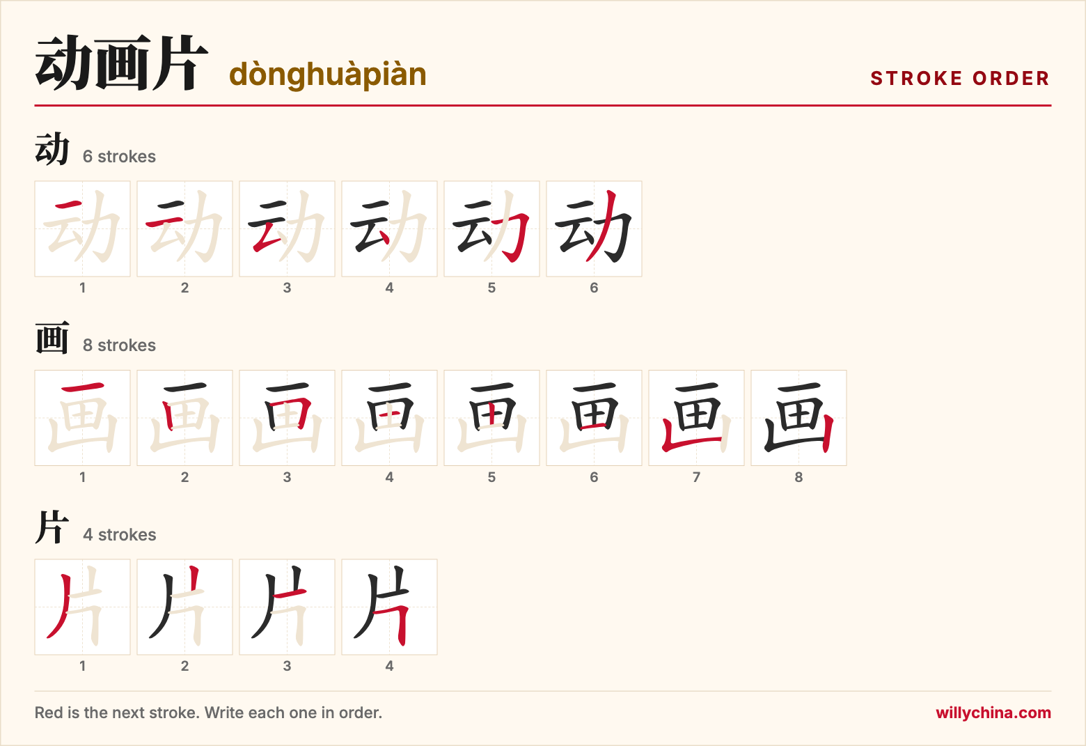 动画片 (dònghuàpiàn) stroke order chart: each stroke of the characters in the order you write them