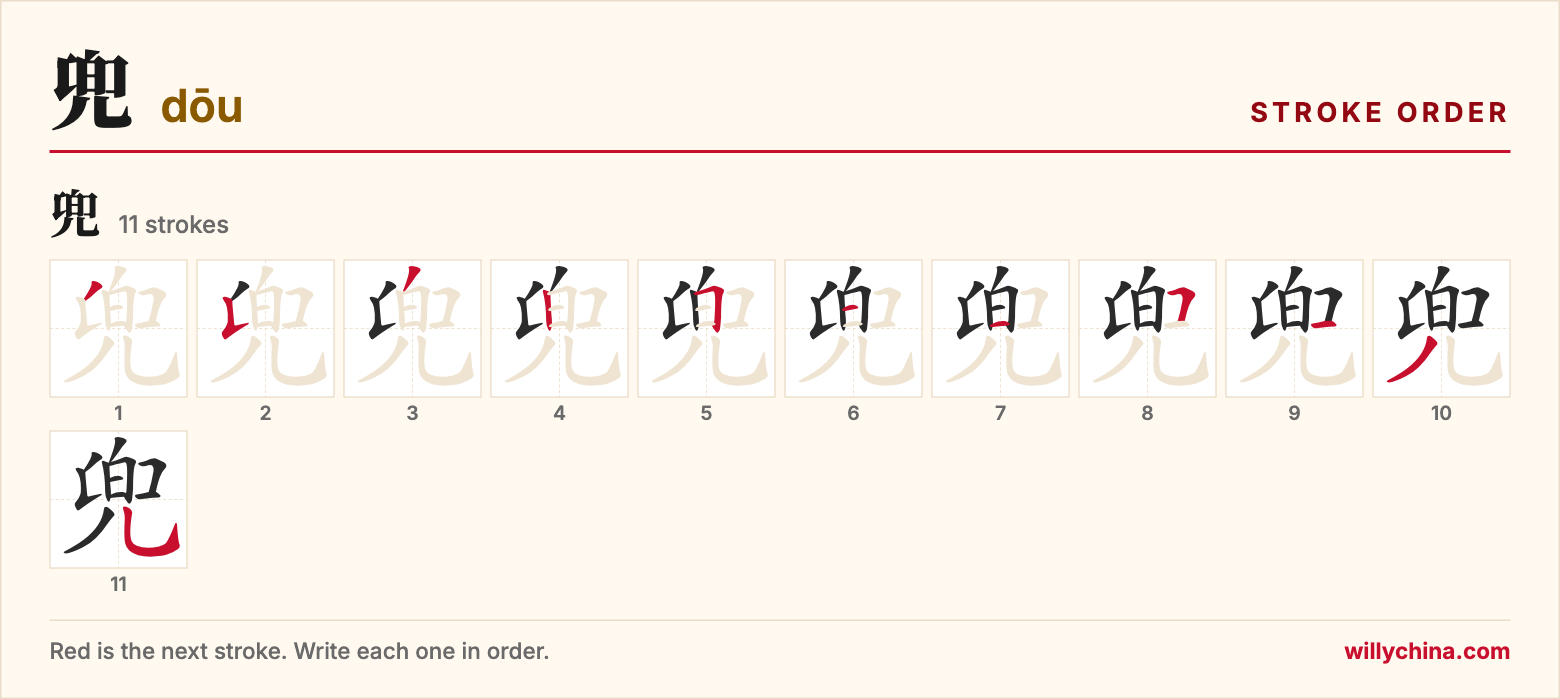 兜 (dōu) stroke order chart: each stroke of the character in the order you write it