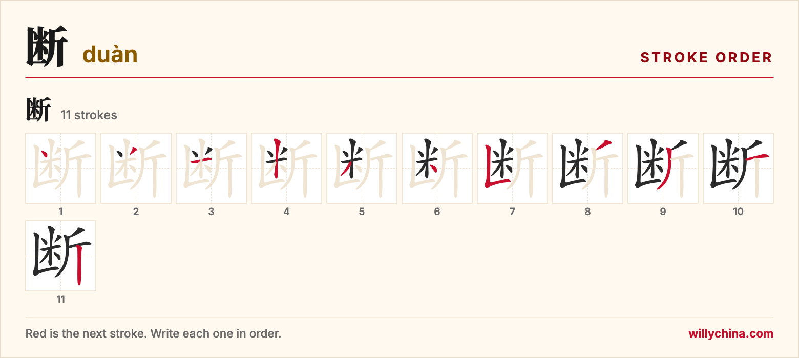 断 (duàn) stroke order chart: each stroke of the character in the order you write it