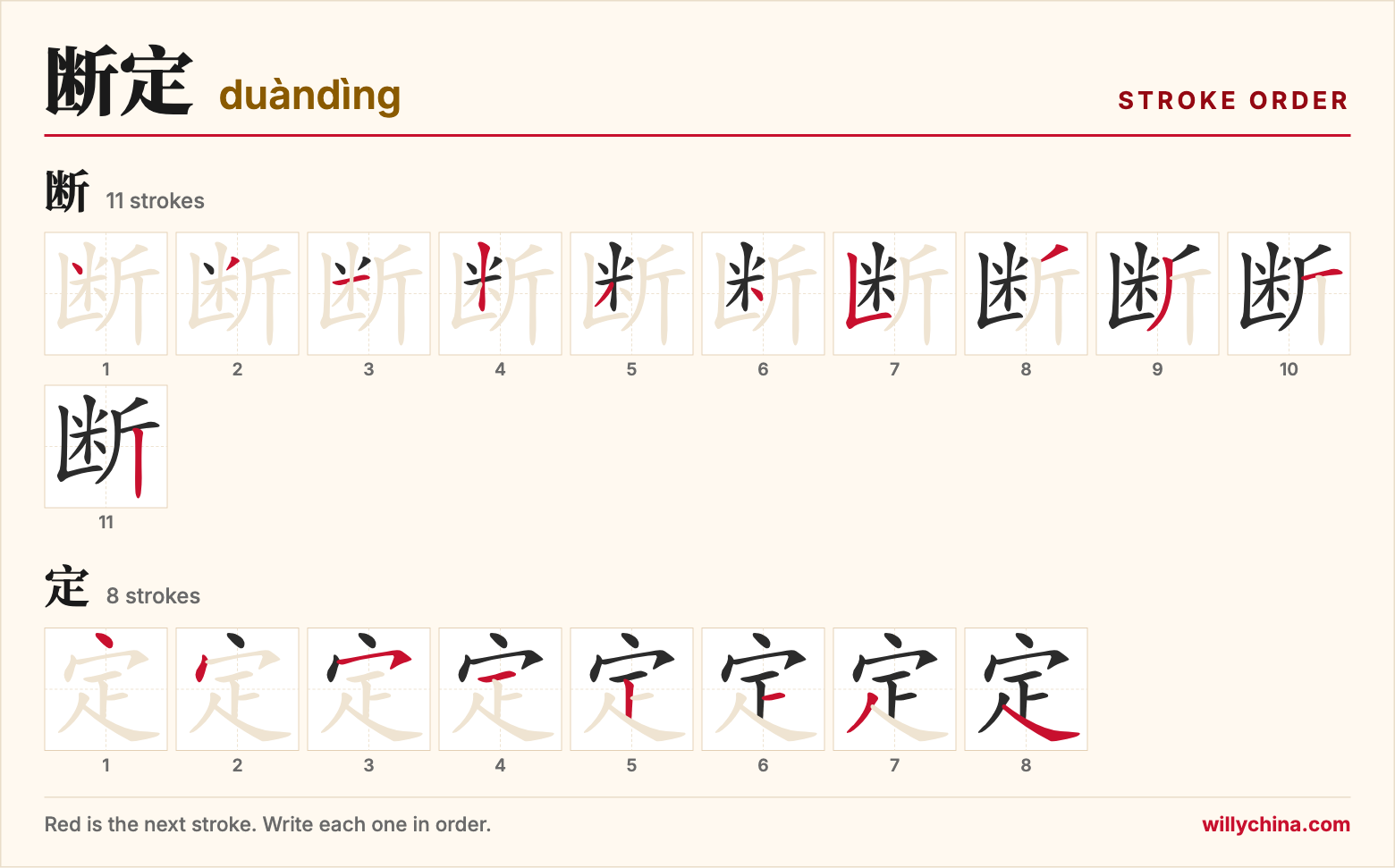 断定 (duàndìng) stroke order chart: each stroke of the characters in the order you write them