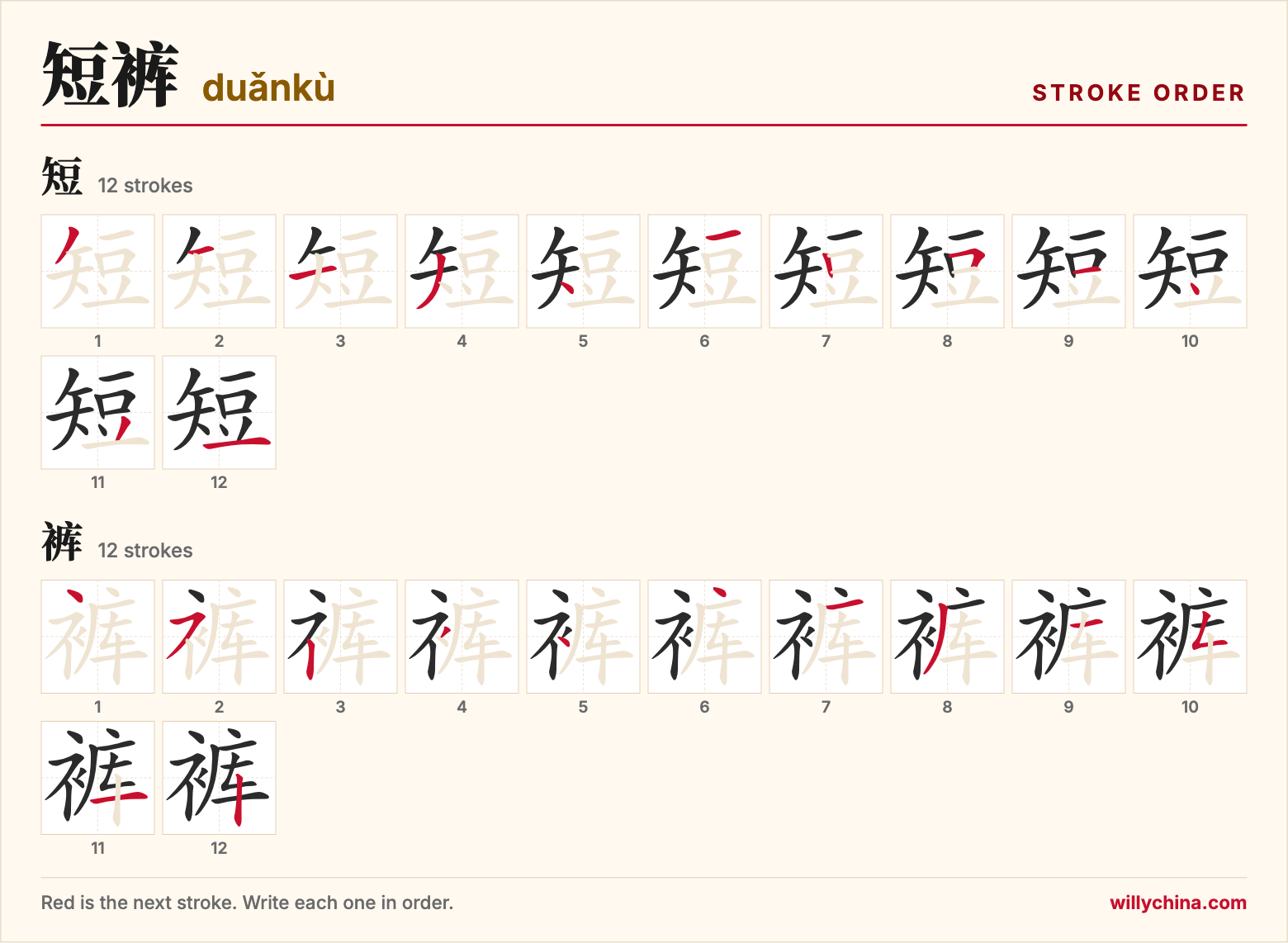 短裤 (duǎnkù) stroke order chart: each stroke of the characters in the order you write them