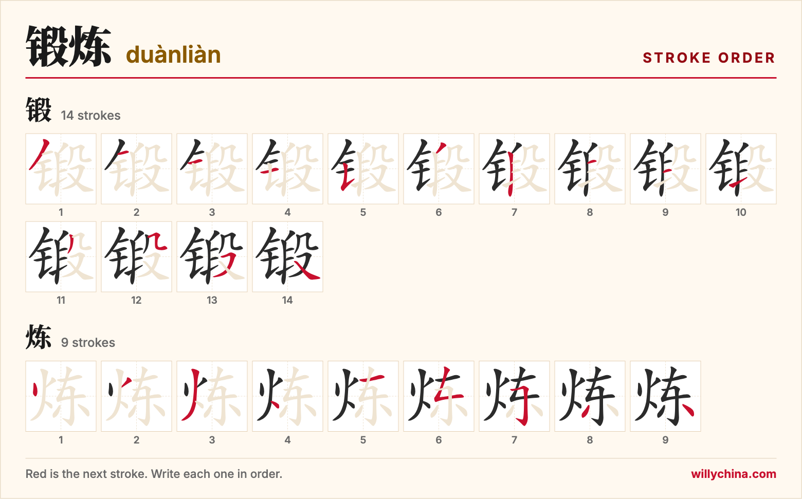 锻炼 (duànliàn) stroke order chart: each stroke of the characters in the order you write them
