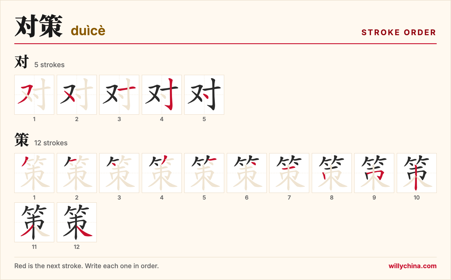 对策 (duìcè) stroke order chart: each stroke of the characters in the order you write them