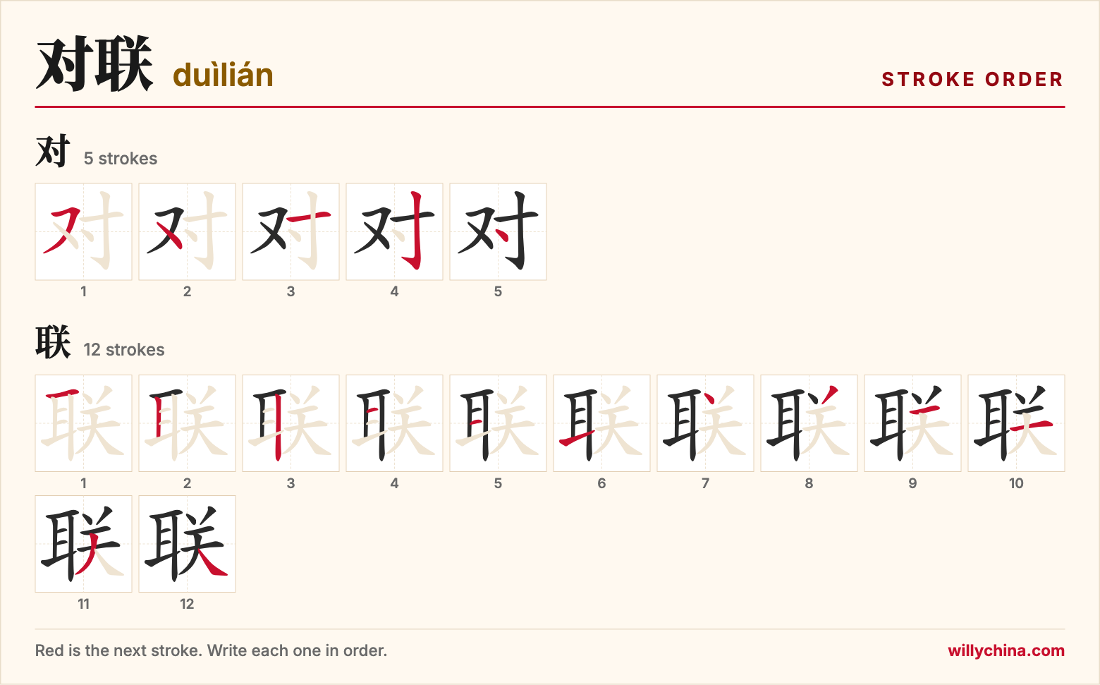 对联 (duìlián) stroke order chart: each stroke of the characters in the order you write them