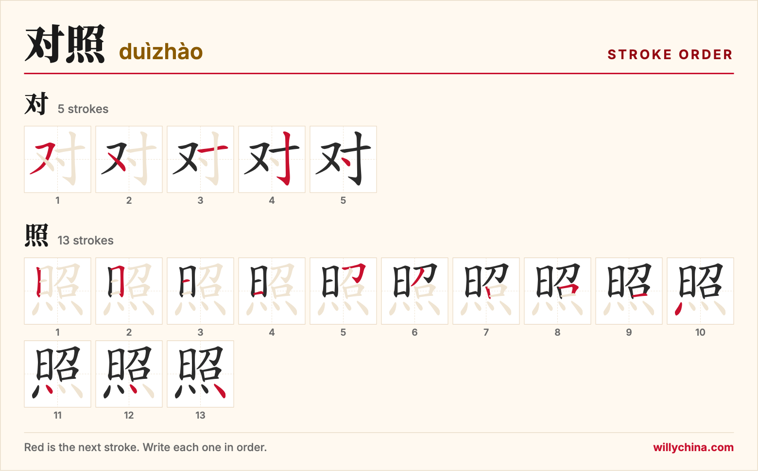 对照 (duìzhào) stroke order chart: each stroke of the characters in the order you write them