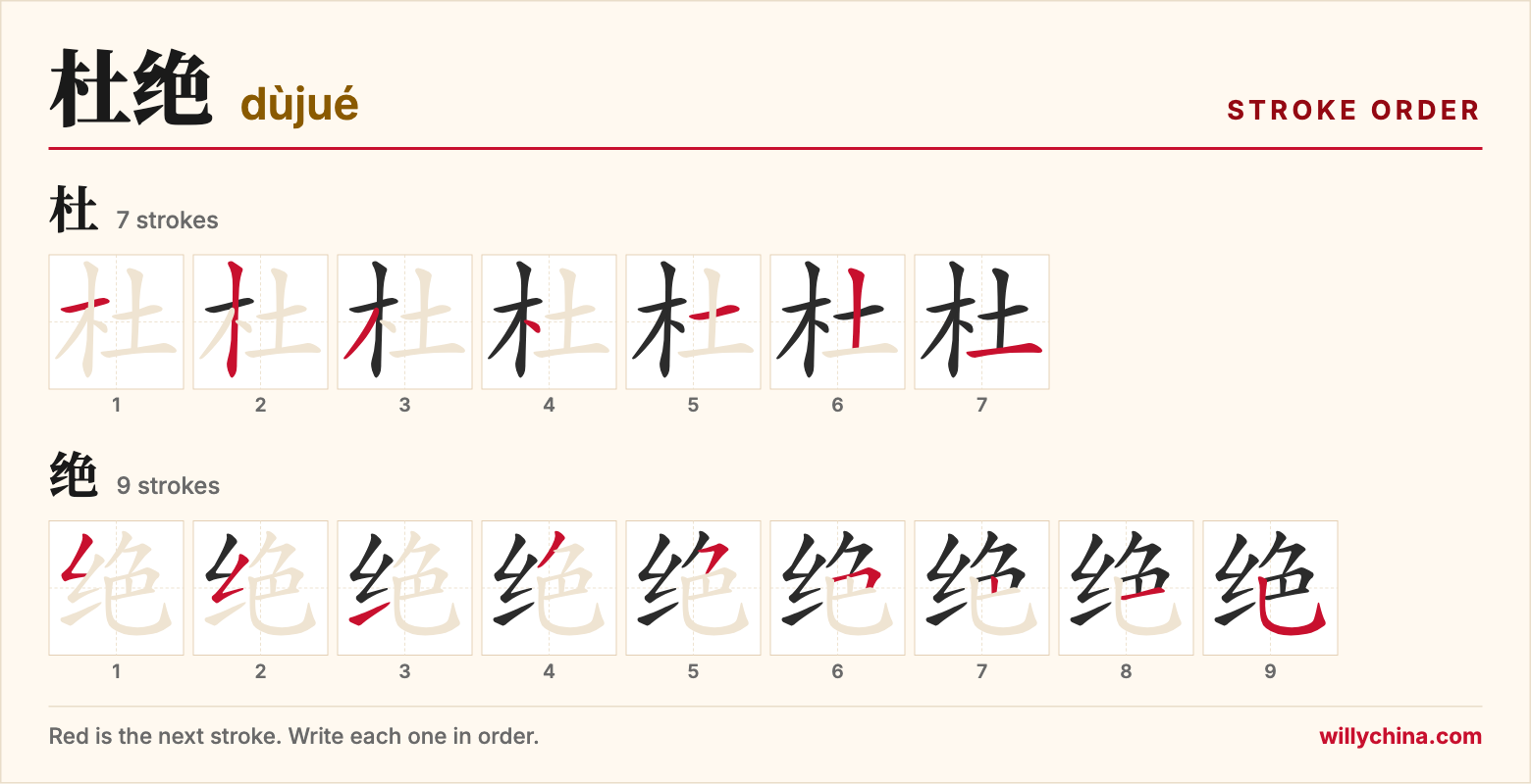 杜绝 (dùjué) stroke order chart: each stroke of the characters in the order you write them