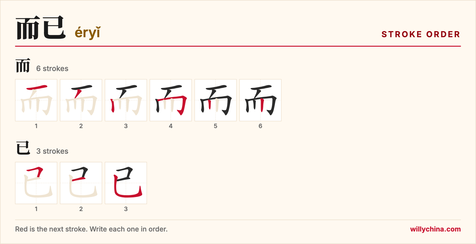 而已 (éryǐ) stroke order chart: each stroke of the characters in the order you write them