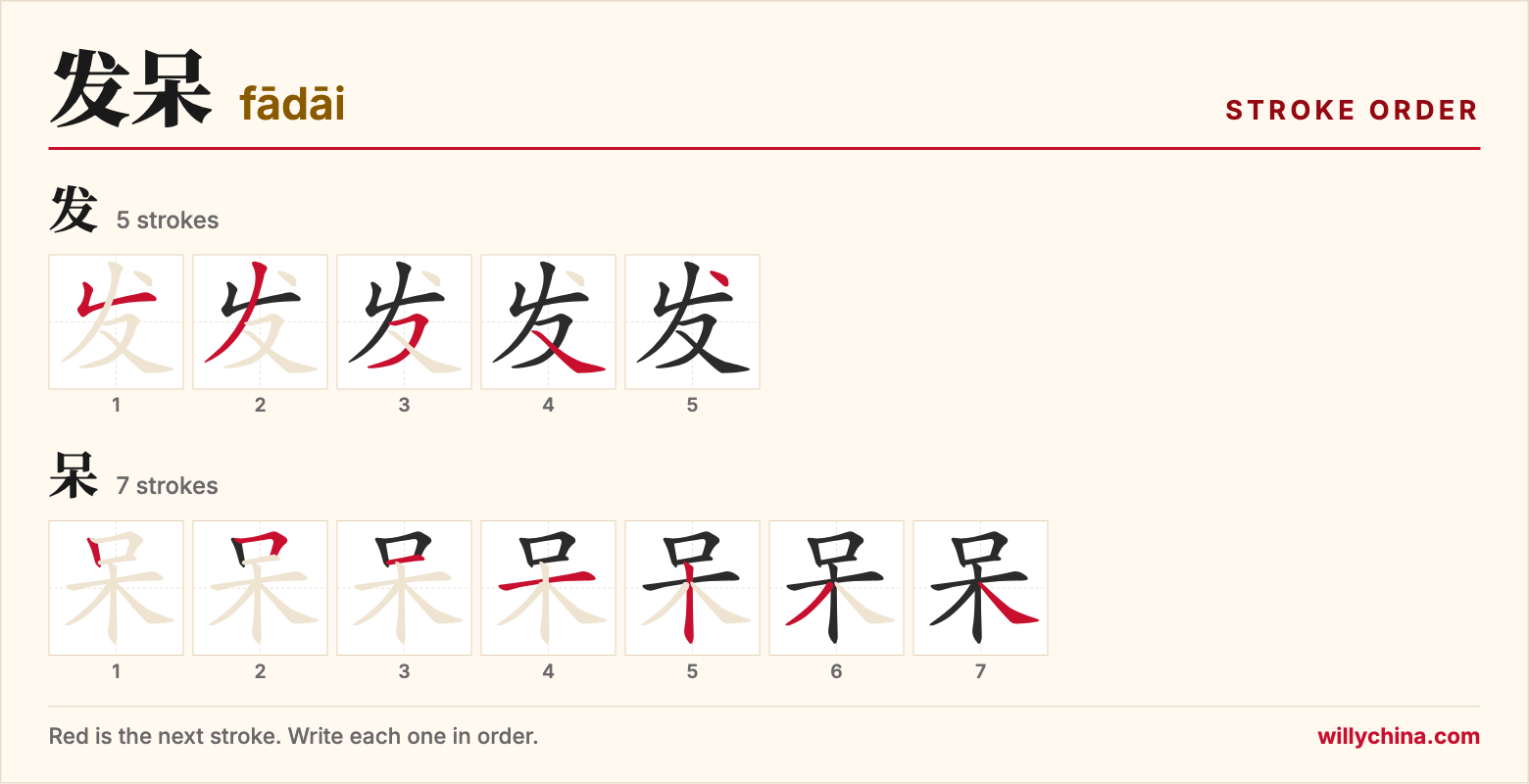 发呆 (fādāi) stroke order chart: each stroke of the characters in the order you write them