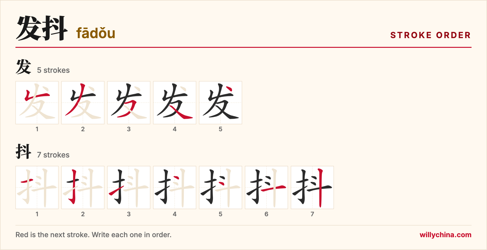 发抖 (fādǒu) stroke order chart: each stroke of the characters in the order you write them