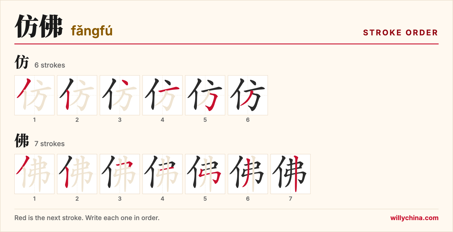 仿佛 (fǎngfú) stroke order chart: each stroke of the characters in the order you write them